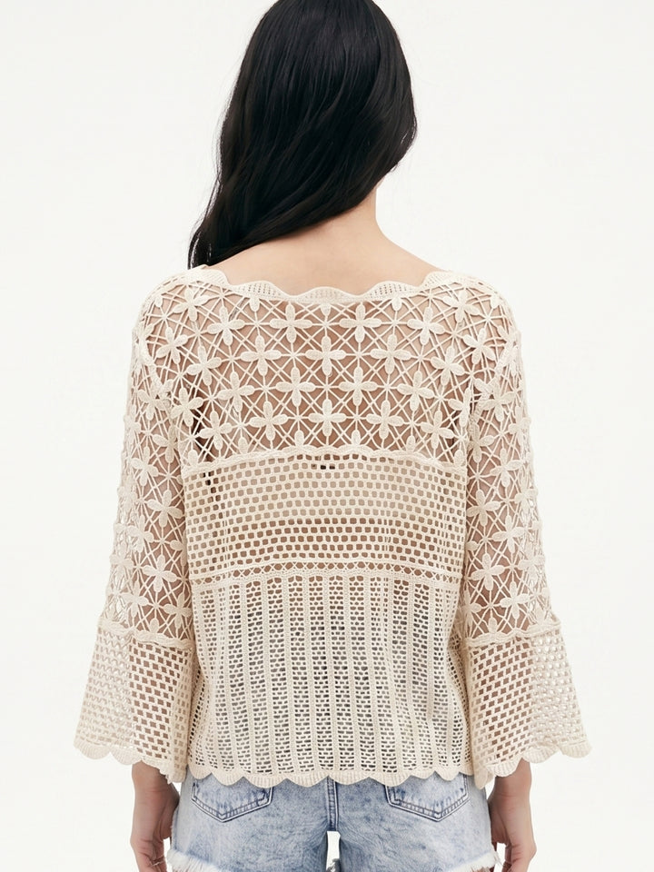 Cream Bell Sleeve Crochet Cover-Up