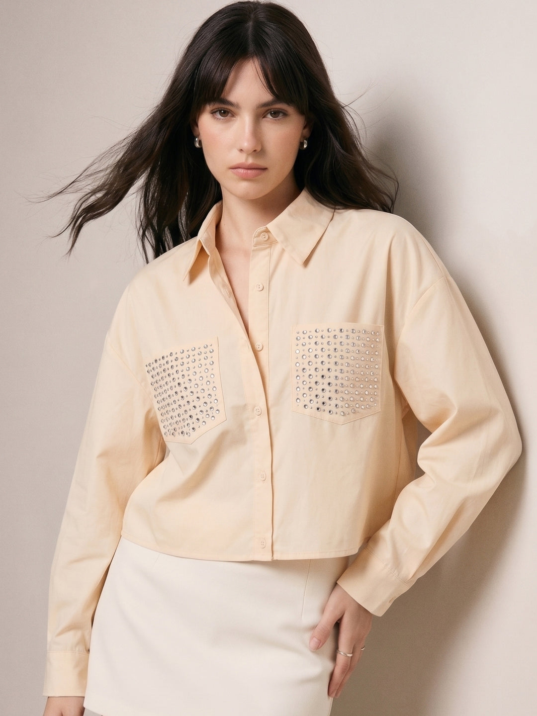 Cream Button Down Collared Shirt With Crochet Typed Pockets