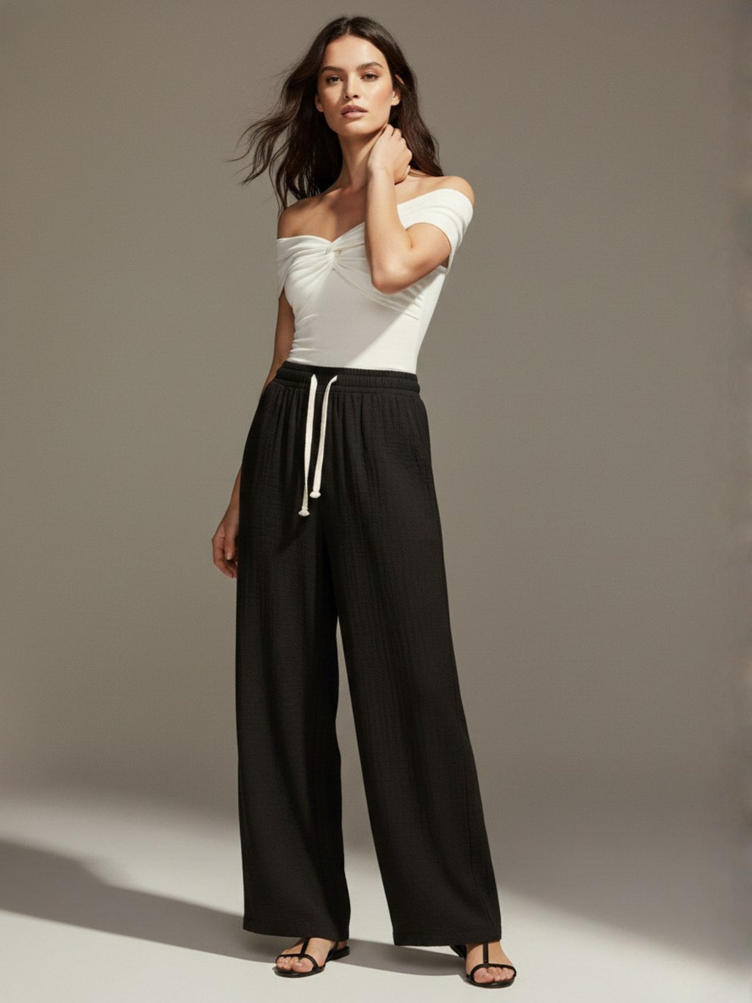 Black High Waist Drawstring Attached Pleated Pant