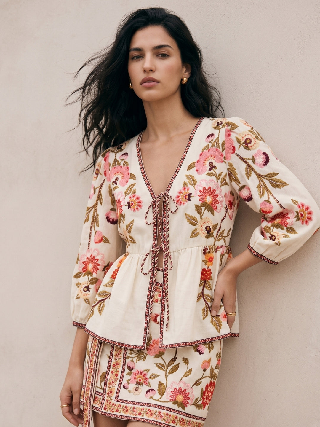 Multi Printed Bishop Sleeve Front Tie-Up Top And Short Set