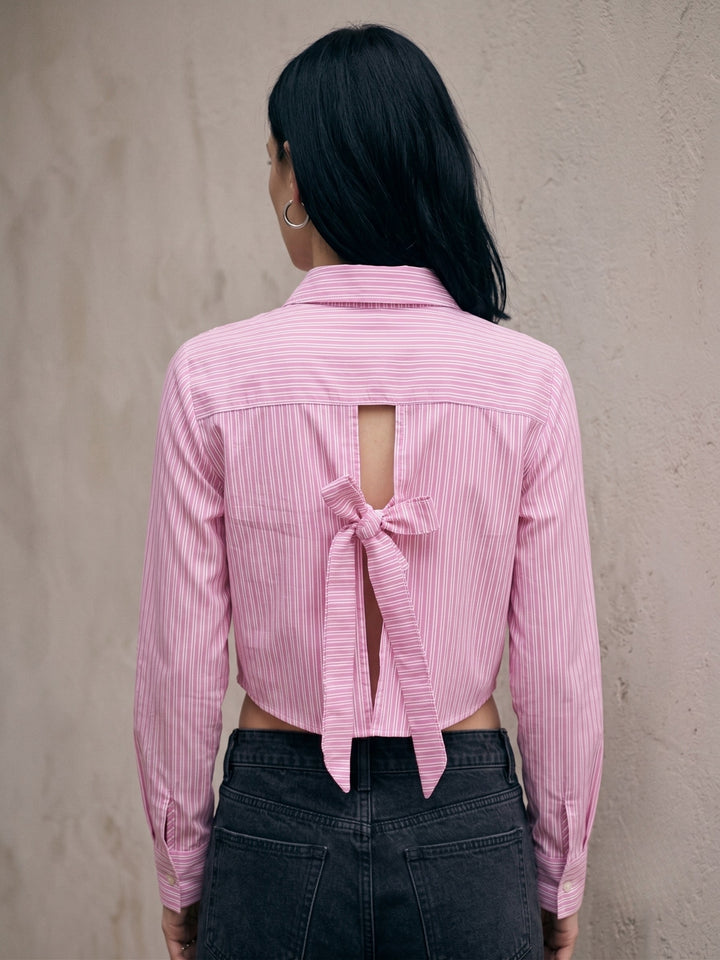 Pink Button Down Shirt With Back Bow Tie Up Detail