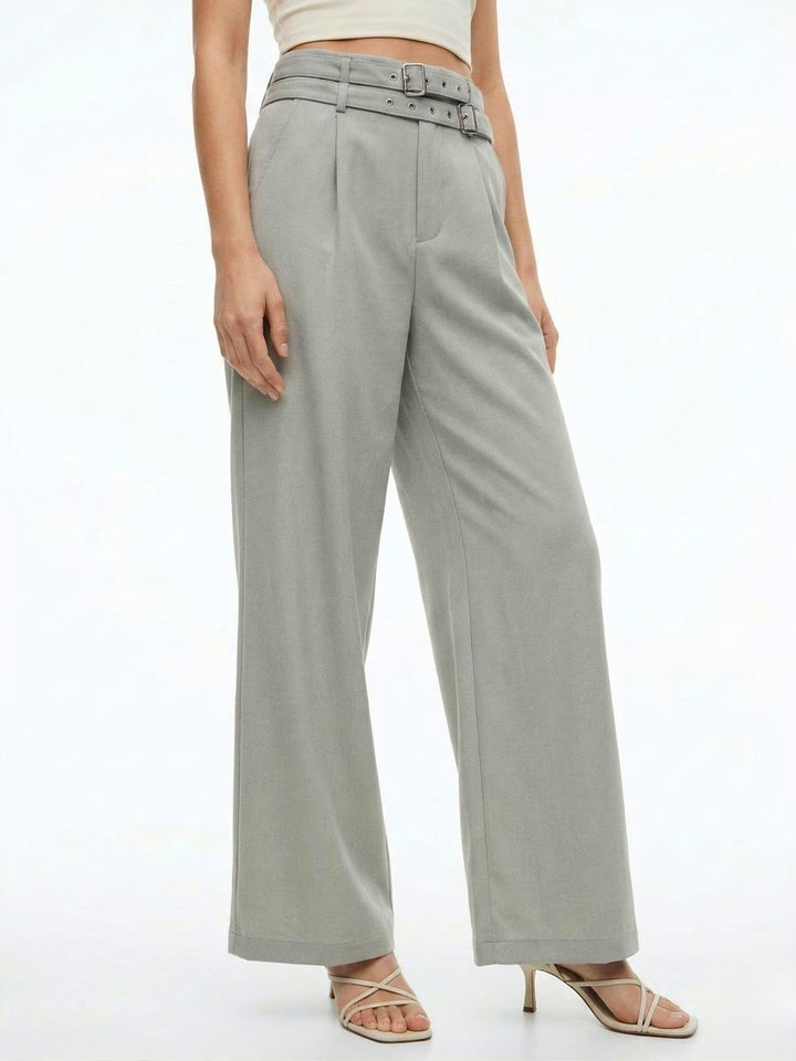 Grey Wide-Leg High-Waist Trousers With Dual Belt Details