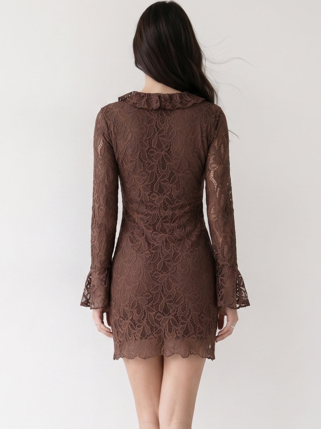 Brown Lace Dress With Ruffled Details & Flared Sleeves