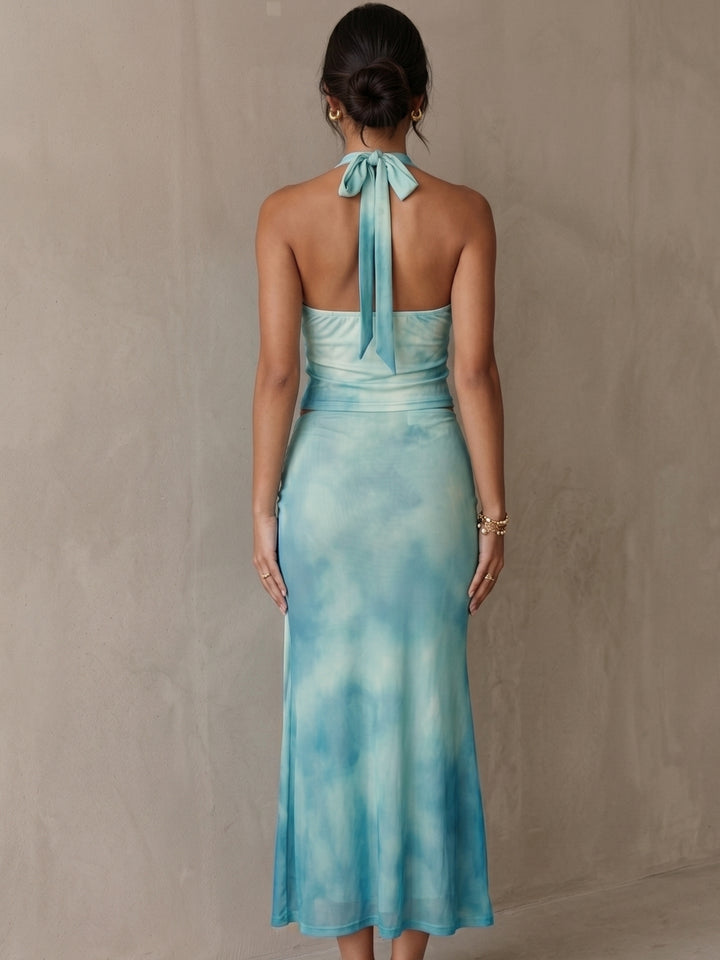 Blue Halter Neck Tie-Up Top And Skirt Set