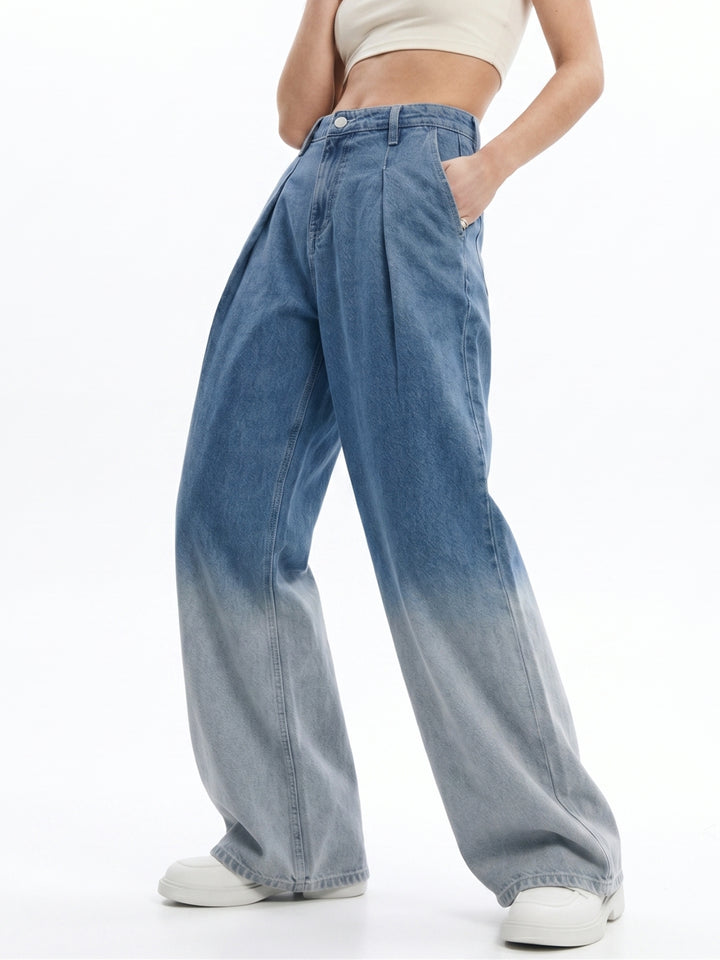 Light Blue High-Rise Light Blue Pleated Wide Leg Jeans