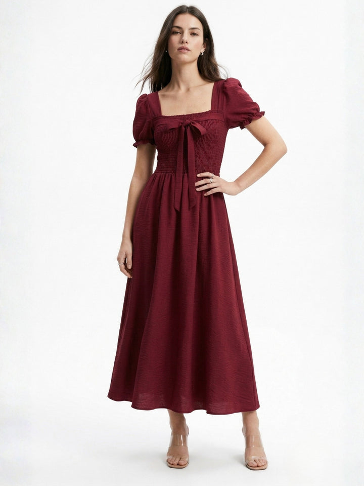 Burgundy Square Neck Dress With Cinched Waist