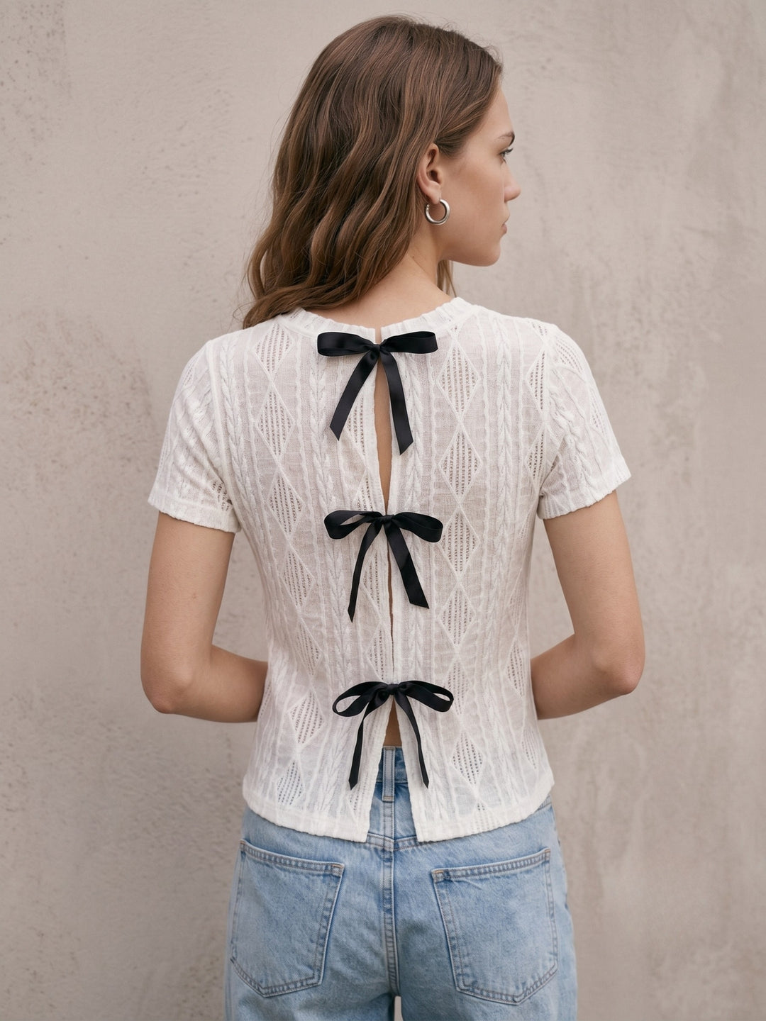White Textured Crew Neck Top