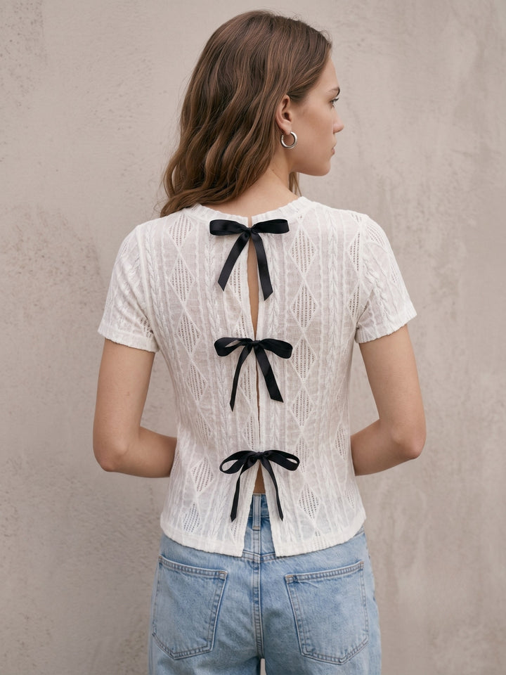 White Textured Crew Neck Top