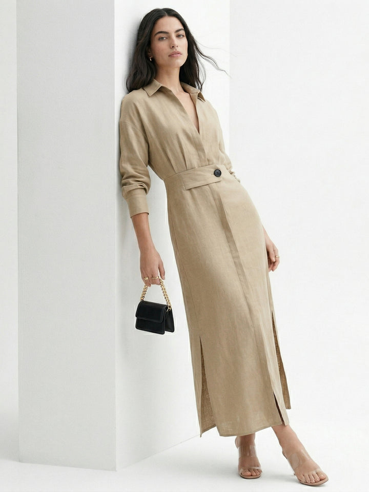 Beige Shirt Dress With Side Slit