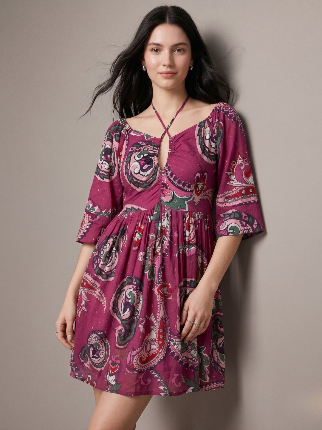 Purple Printed Lurex Mini Dress with Neck Tie