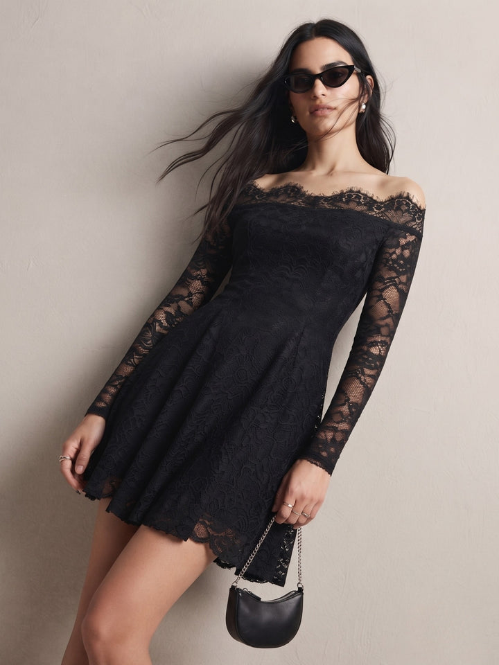 Black Off-Shoulder Lace Skater Dress