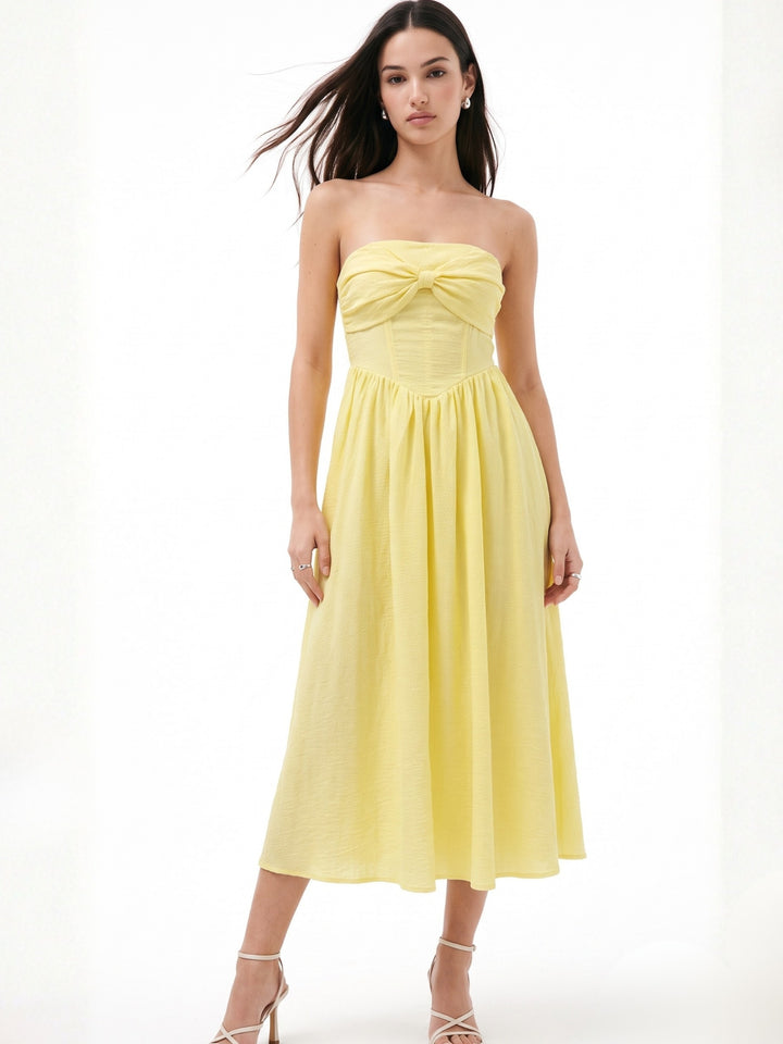Yellow Corset Styled Dress With Top Bow Detail
