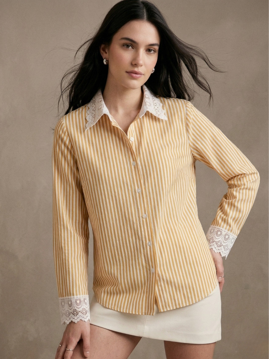 Mustard Striped Lace Trim Shirt