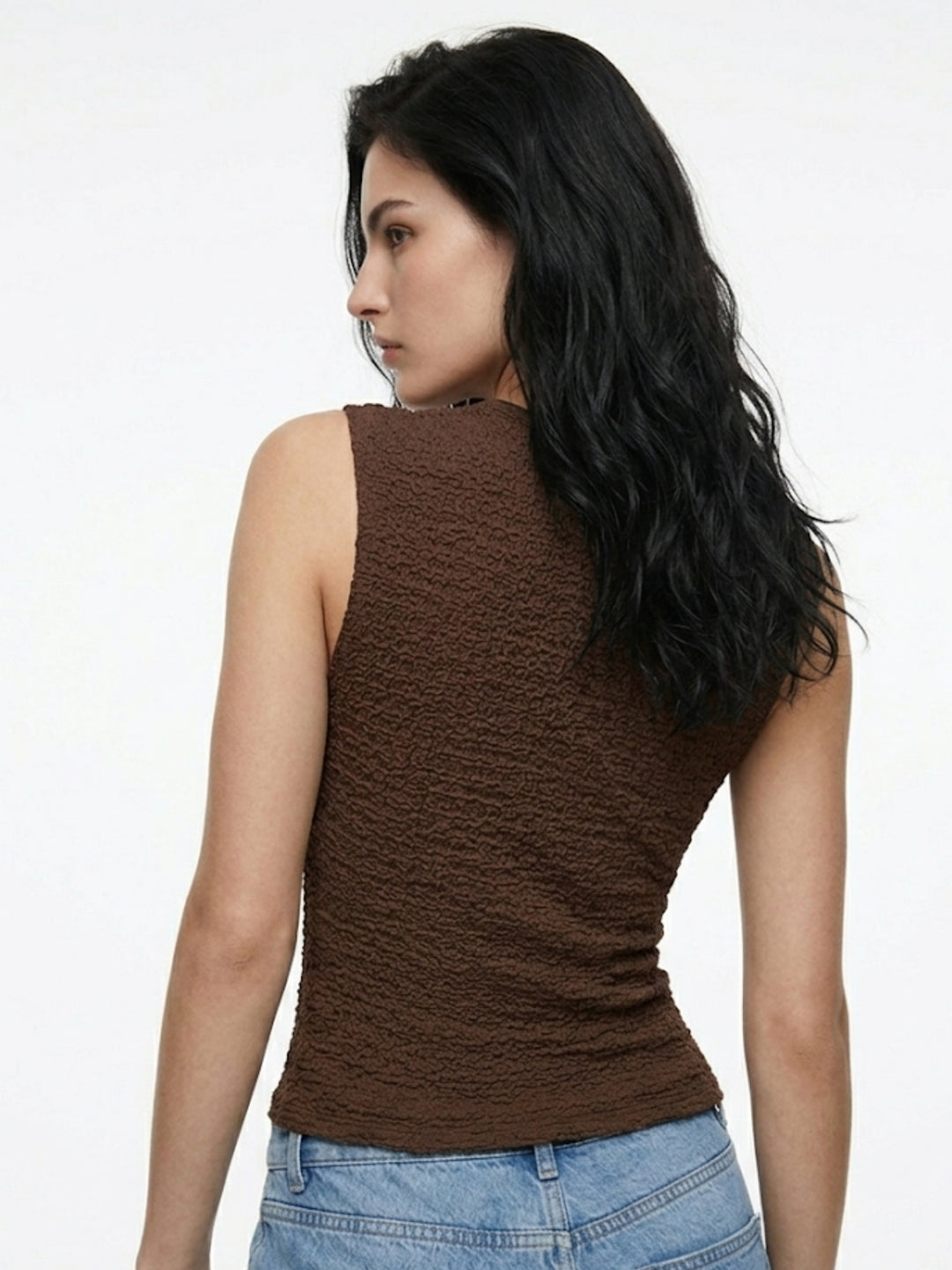 Brown Boat Neck Textured Top