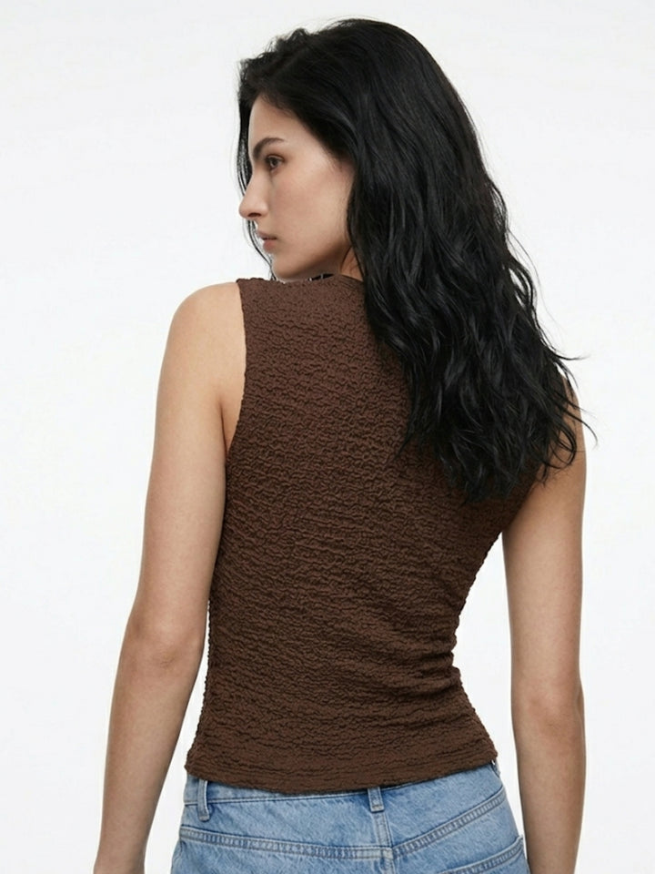 Brown Boat Neck Textured Top