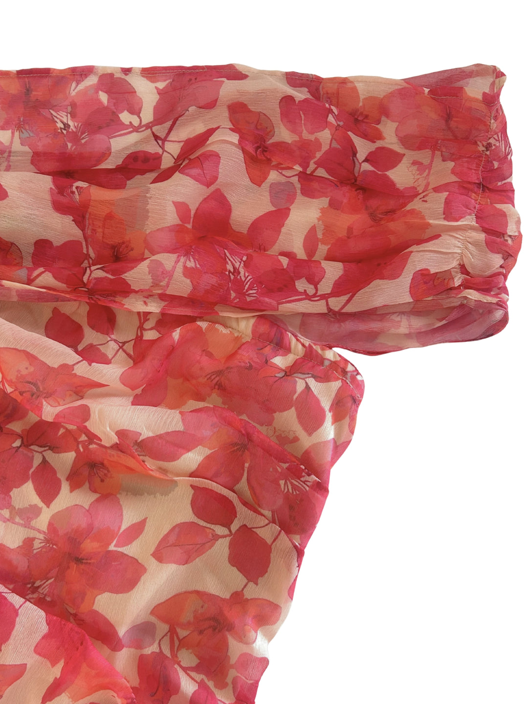 Pink Romantic Floral Print Bardot Dress With Delicate Ruffle Trim Detail