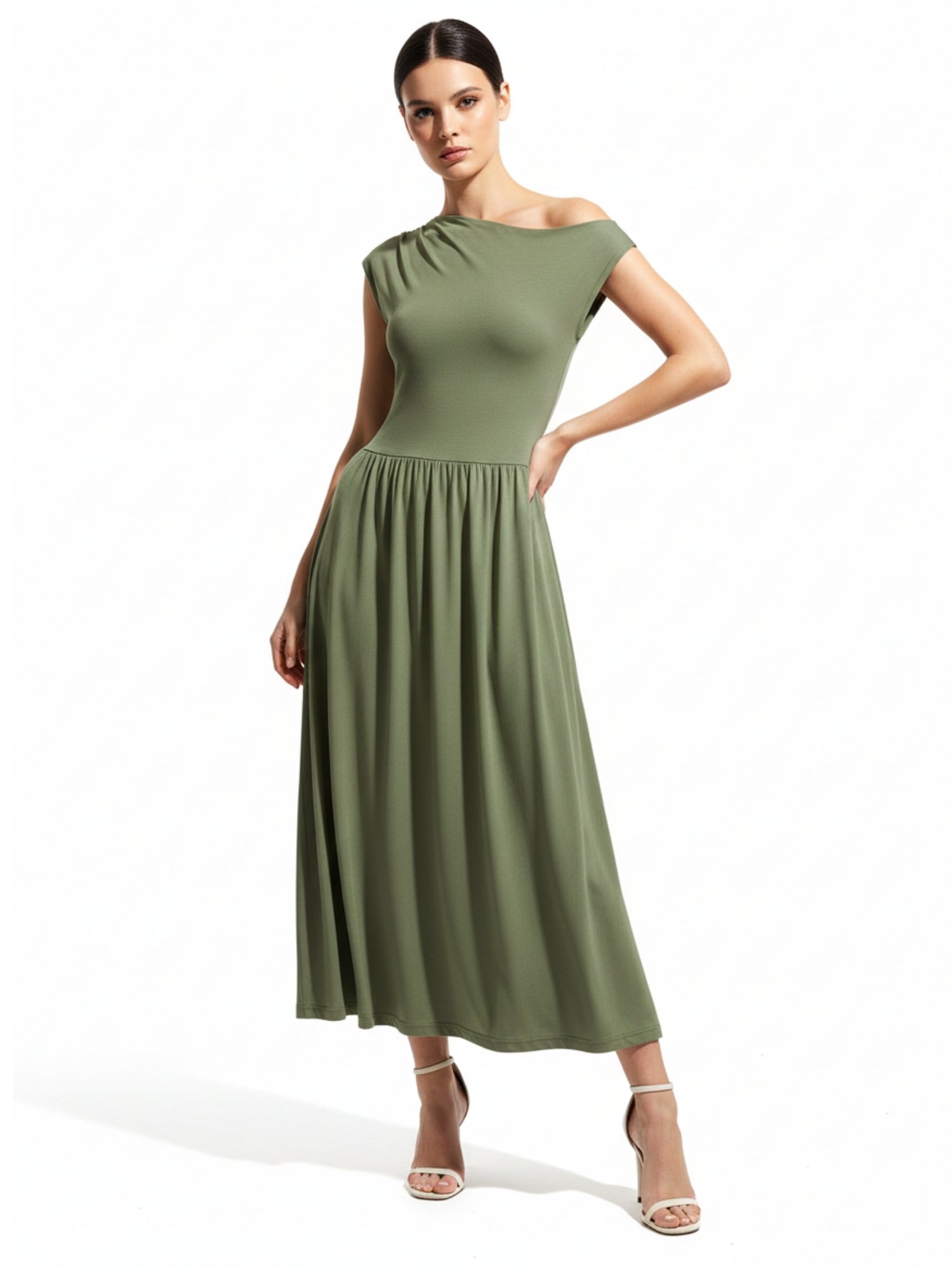 Olive Asymmetrical Neckline Flared Dress