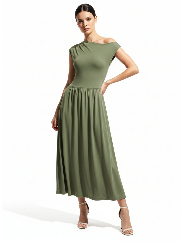 Olive Asymmetrical Neckline Flared Dress