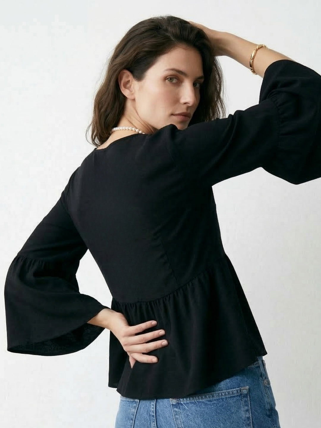 Black Bell Sleeve V Neck Top