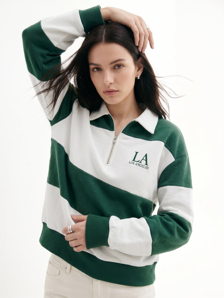 Multi Striped Varsity Graphic Printed Collared Half Zip Up Sweatshirt