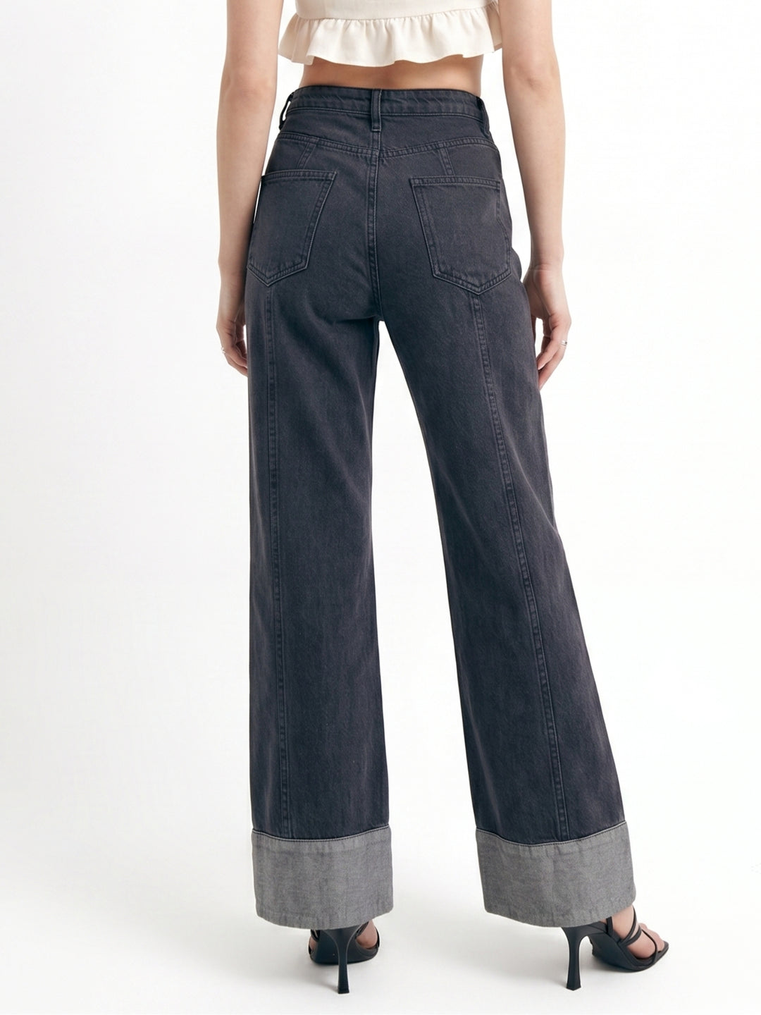 Grey Folded Hem Wide Leg Jeans