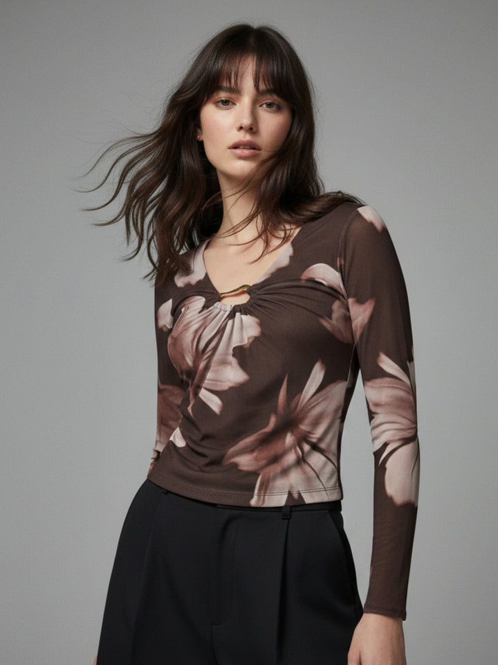 Brown Printed Mesh Top With Metal Trims