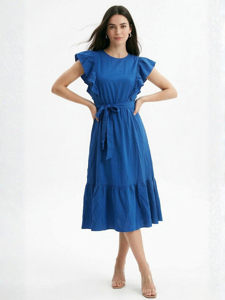 Blue Ruffle  Sleeve Tiered Dress
