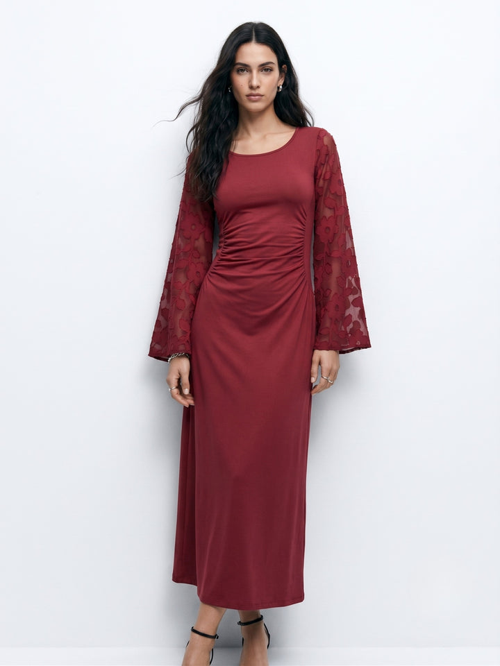 Maroon Bell Sleeve Scoop Neck Lace Detail Dress