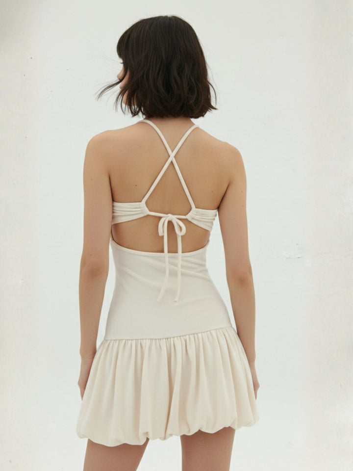Cream Shoulder Strap Fitted Bubblehem Dress