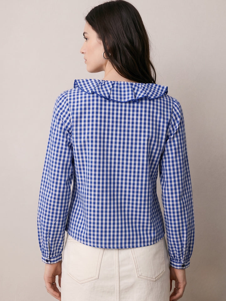Blue Ruffle Neckline Checkered Top