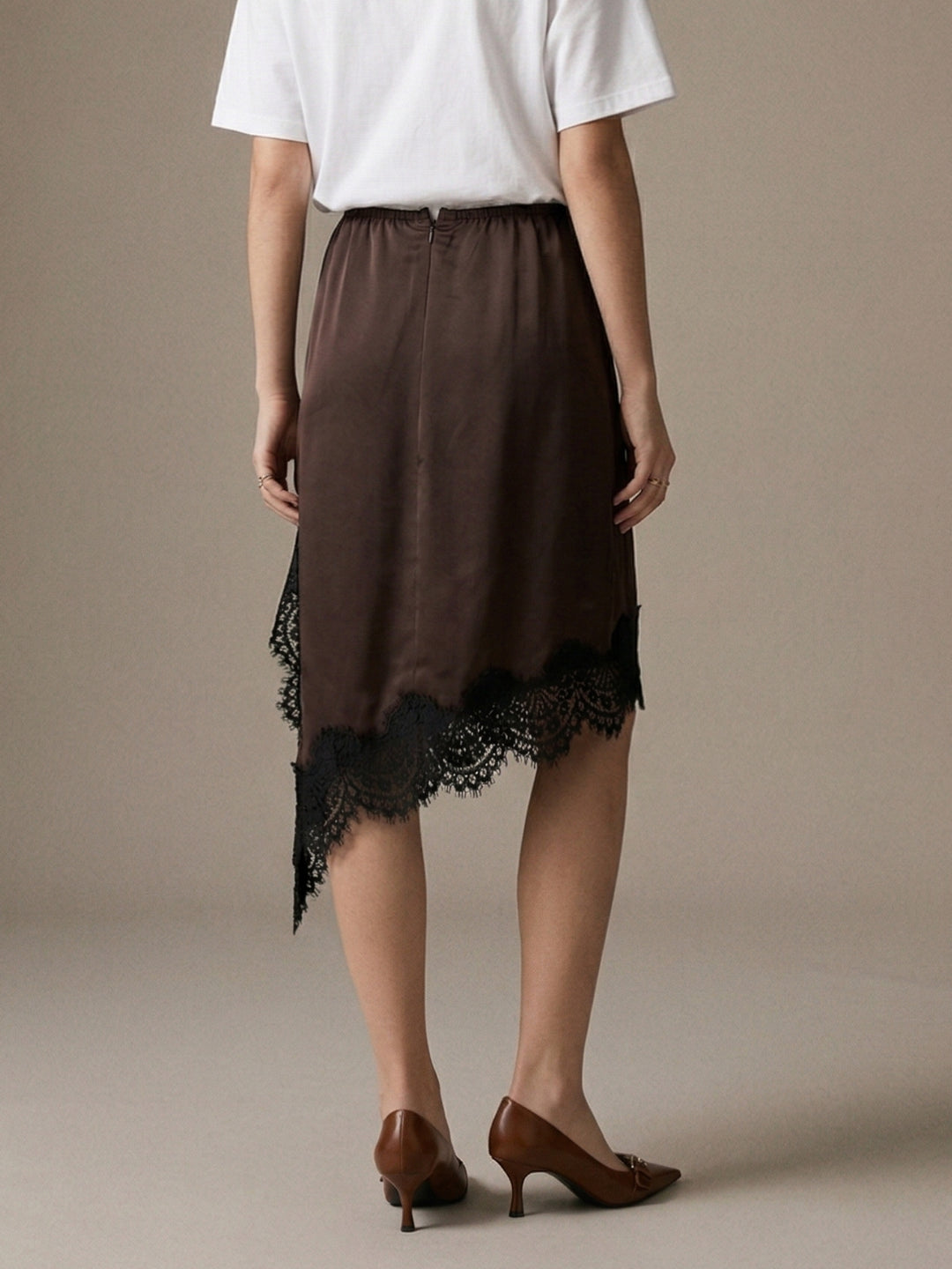 Brown Asymmetric Hem Skirt With Lace Inserts