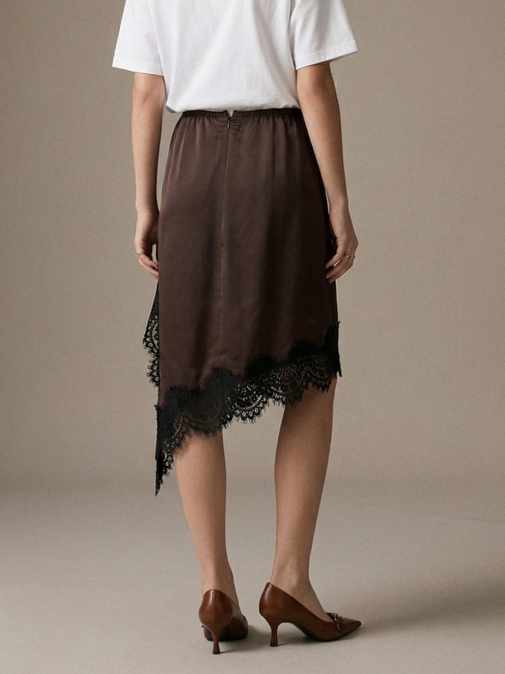 Brown Asymmetric Hem Skirt With Lace Inserts