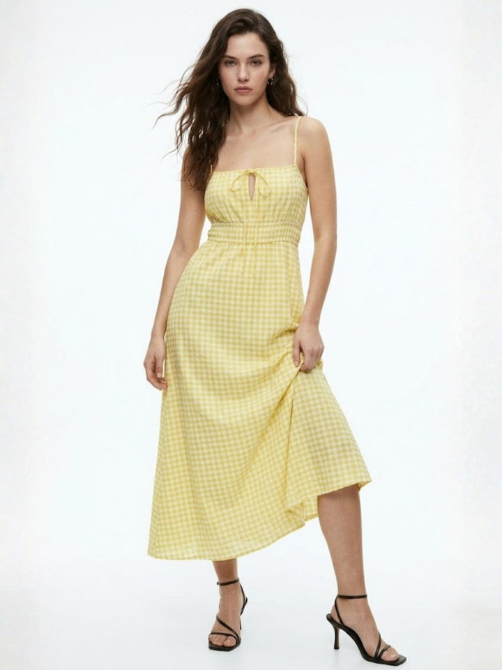 Yellow Spaghetti Strap Checkered Dress