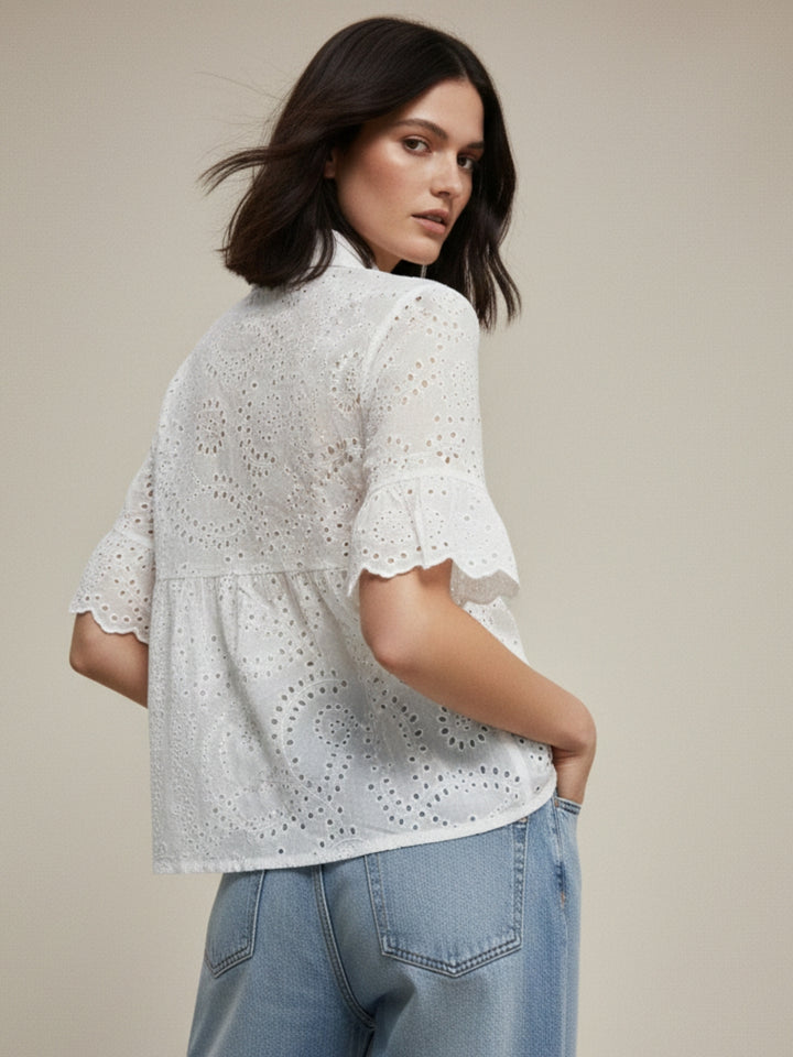 White Schiffli Shirt With Bell Sleeved