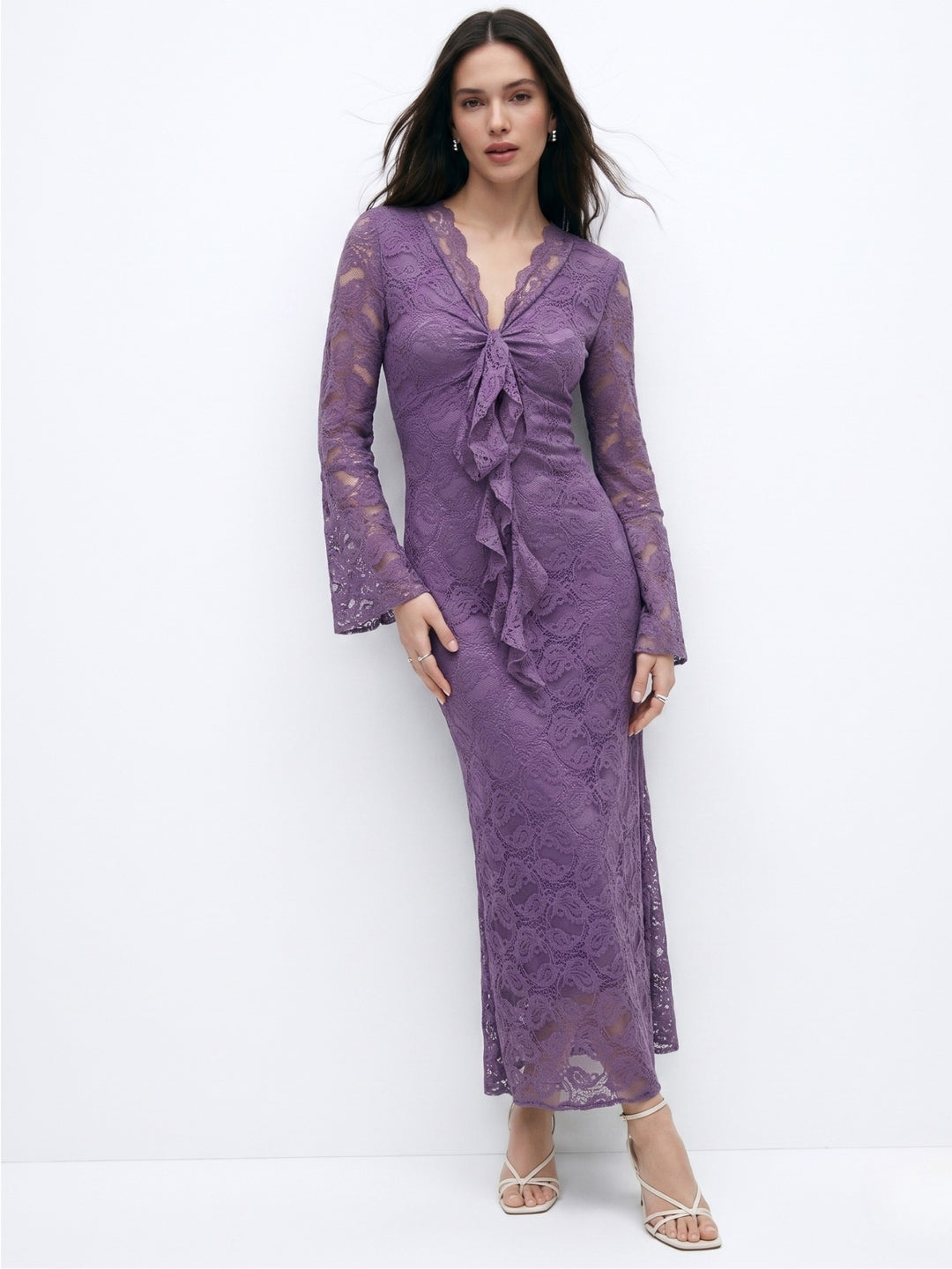 Purple Bell Sleeve Front Ruffle Lace Dress
