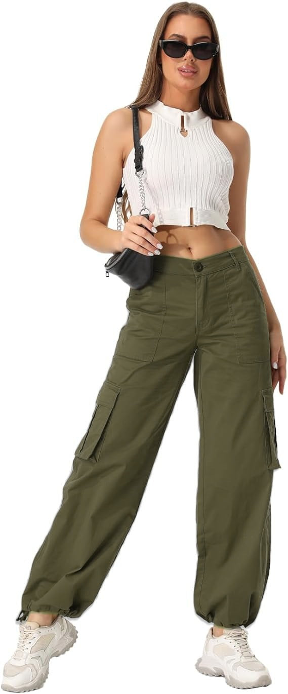 Olive Cargo Pockets Wide Leg Pant