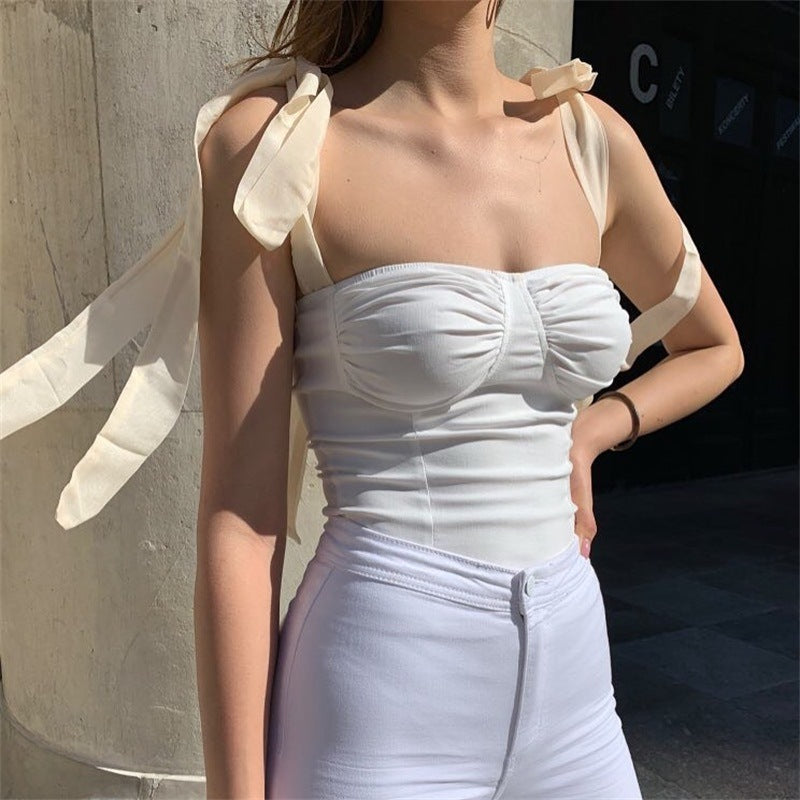 White Bow Tie Up At Shoulder Fitted Top