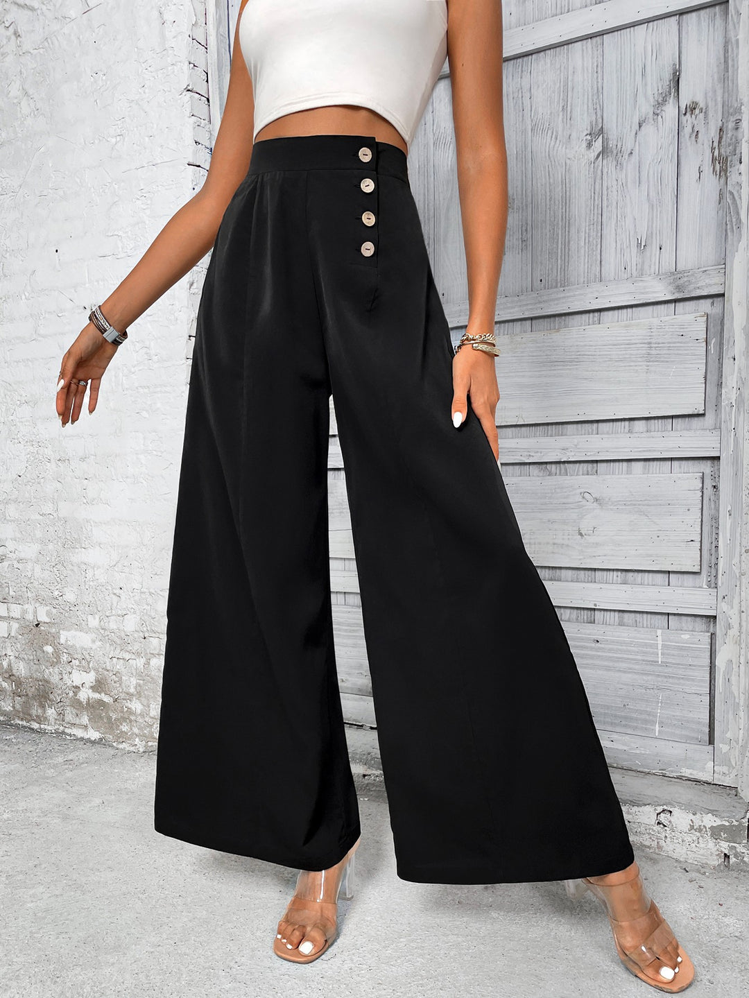 Black Wide Leg Trouser With Button Detailing At Waist