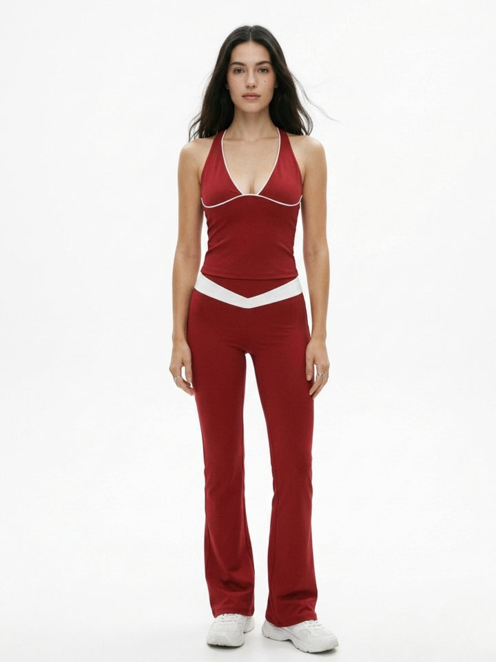 Red Halter Neck Fitted Top And Pant Set