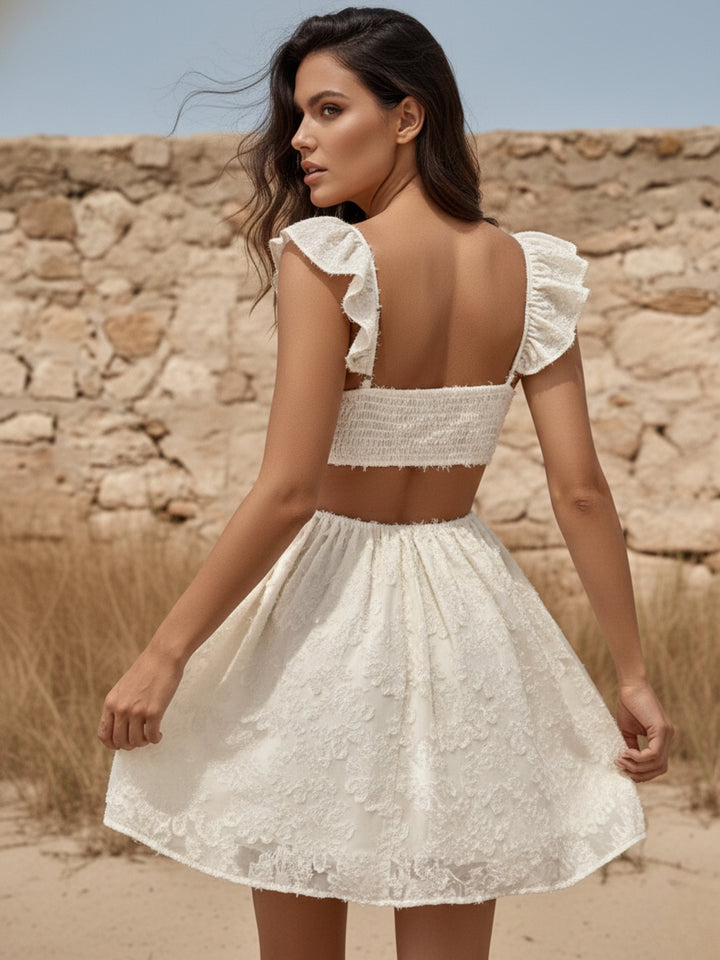 Off White Ruffle Sleeve Textured Fabric Dress