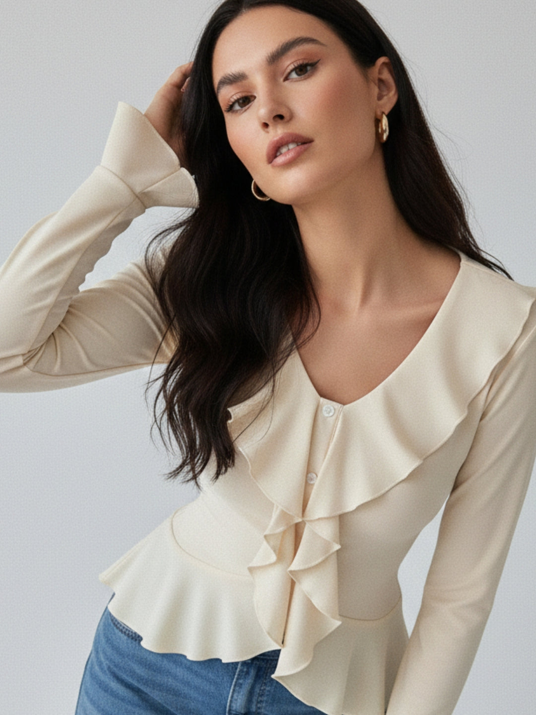 Off White Ruffle Detail Bell Sleeve Top