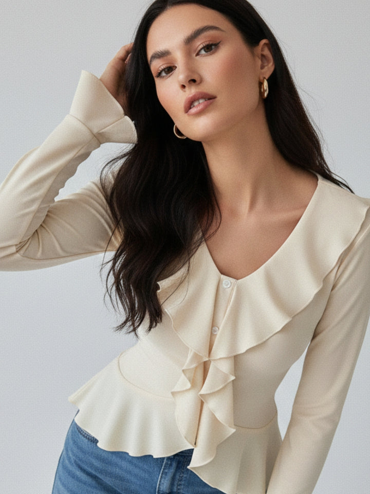 Off White Ruffle Detail Bell Sleeve Top