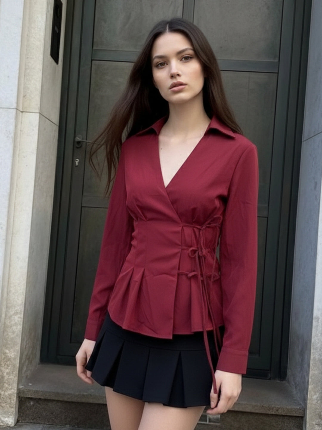Burgundy Collared Side Tie Up Top