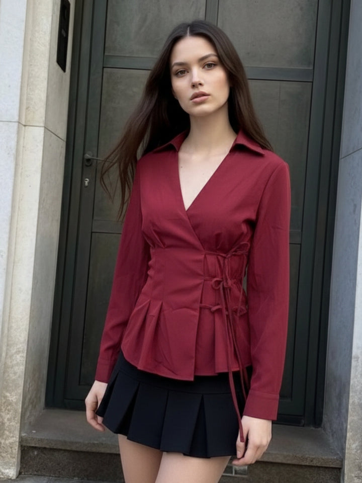 Burgundy Collared Side Tie Up Top