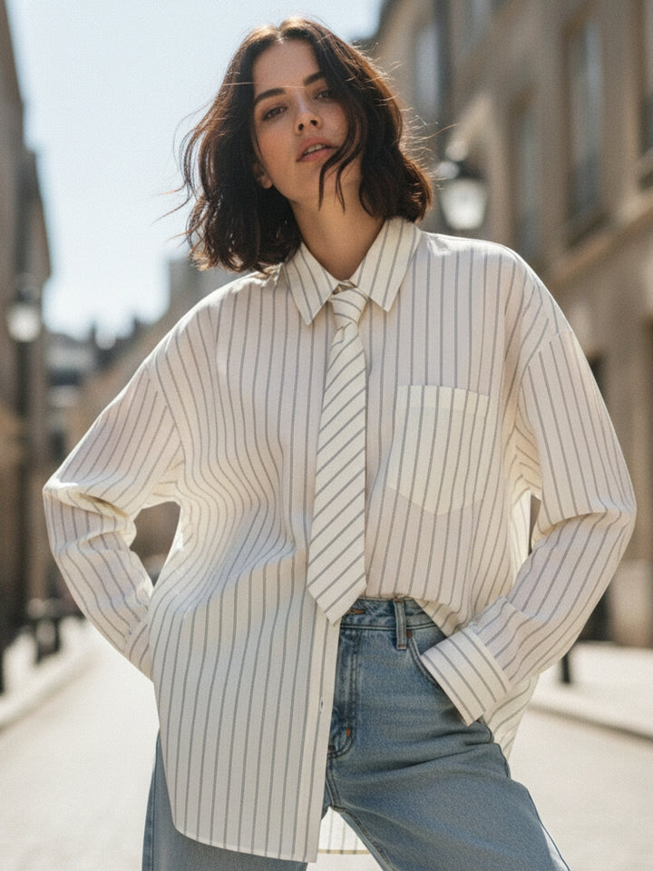 Off -White Striped Shirt With Tie