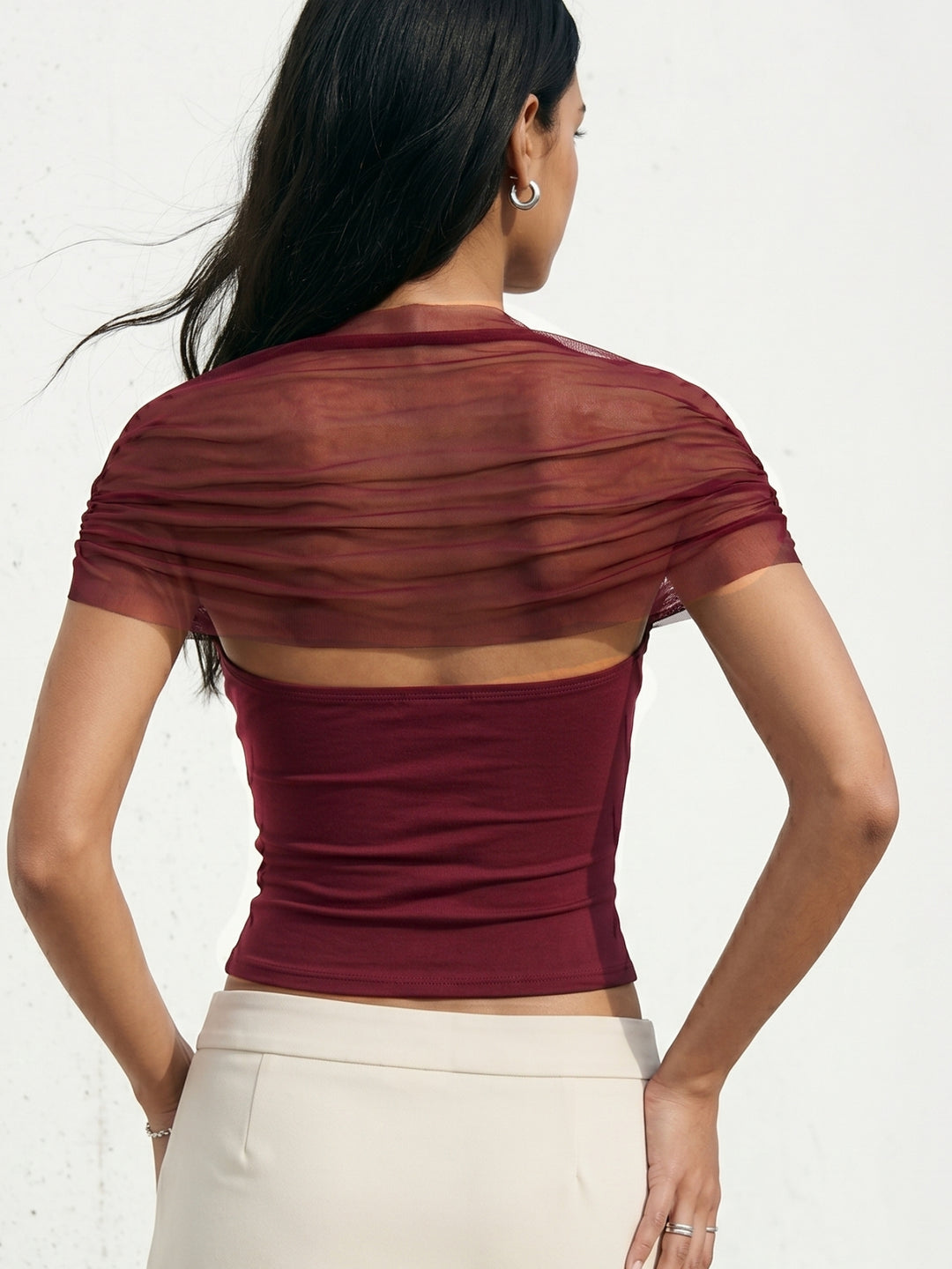 Maroon Mesh Sleeve Fitted Top