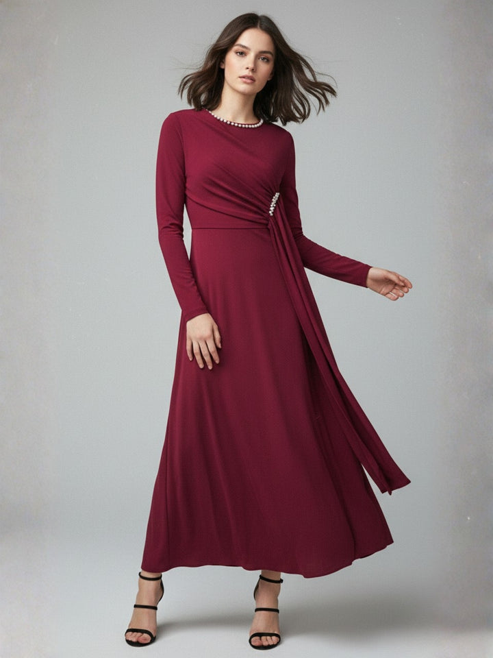 Burgundy High Neck Flared Dress With Embellishments