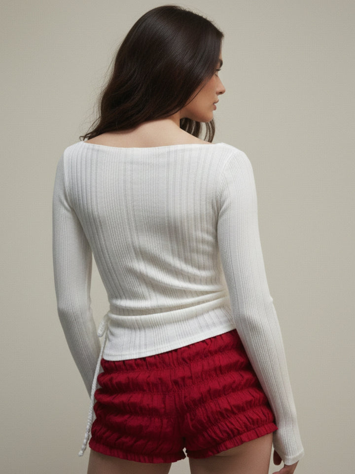 White Textured Full Sleeve Bow Detail Top