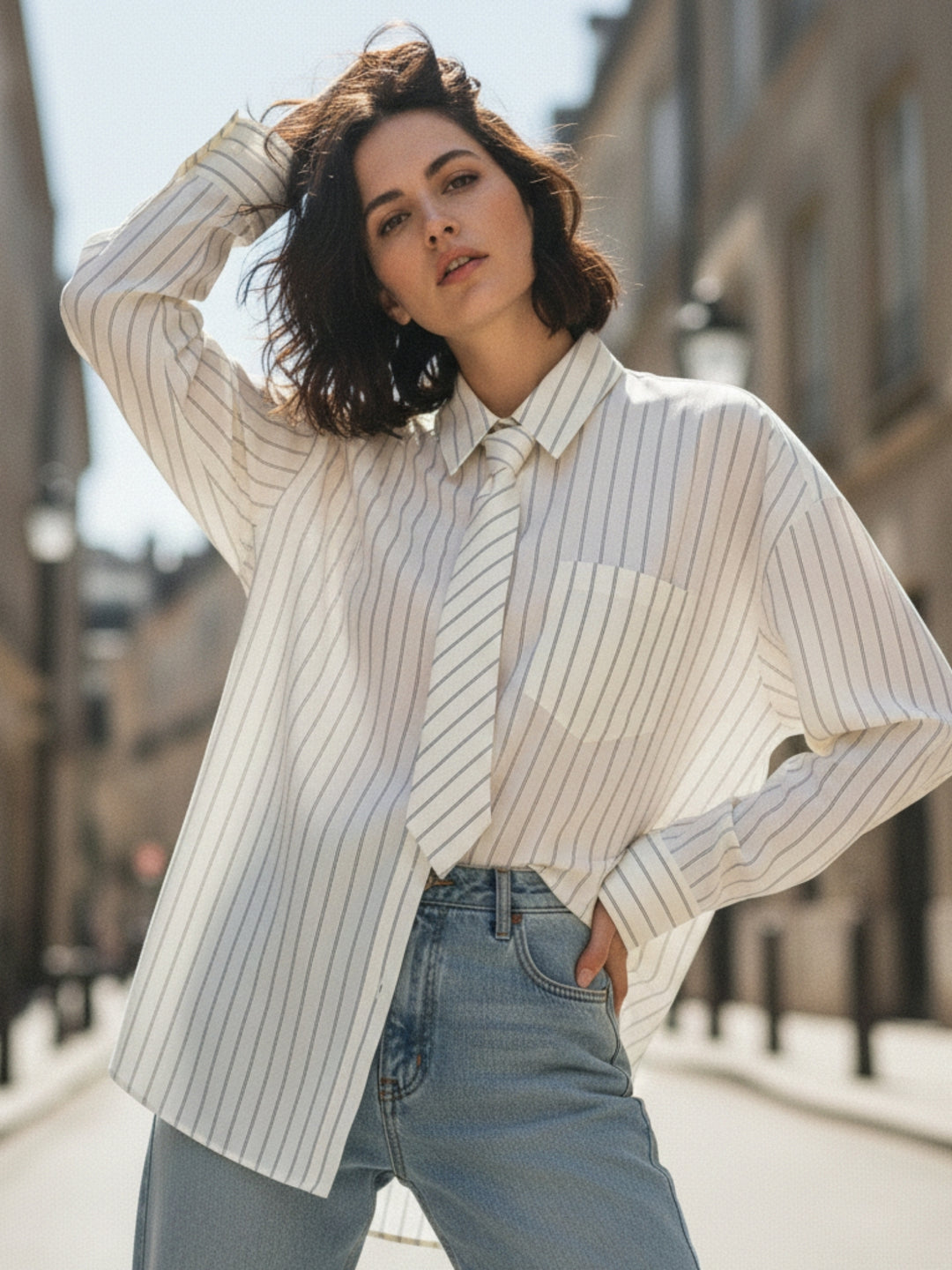 Off -White Striped Shirt With Tie