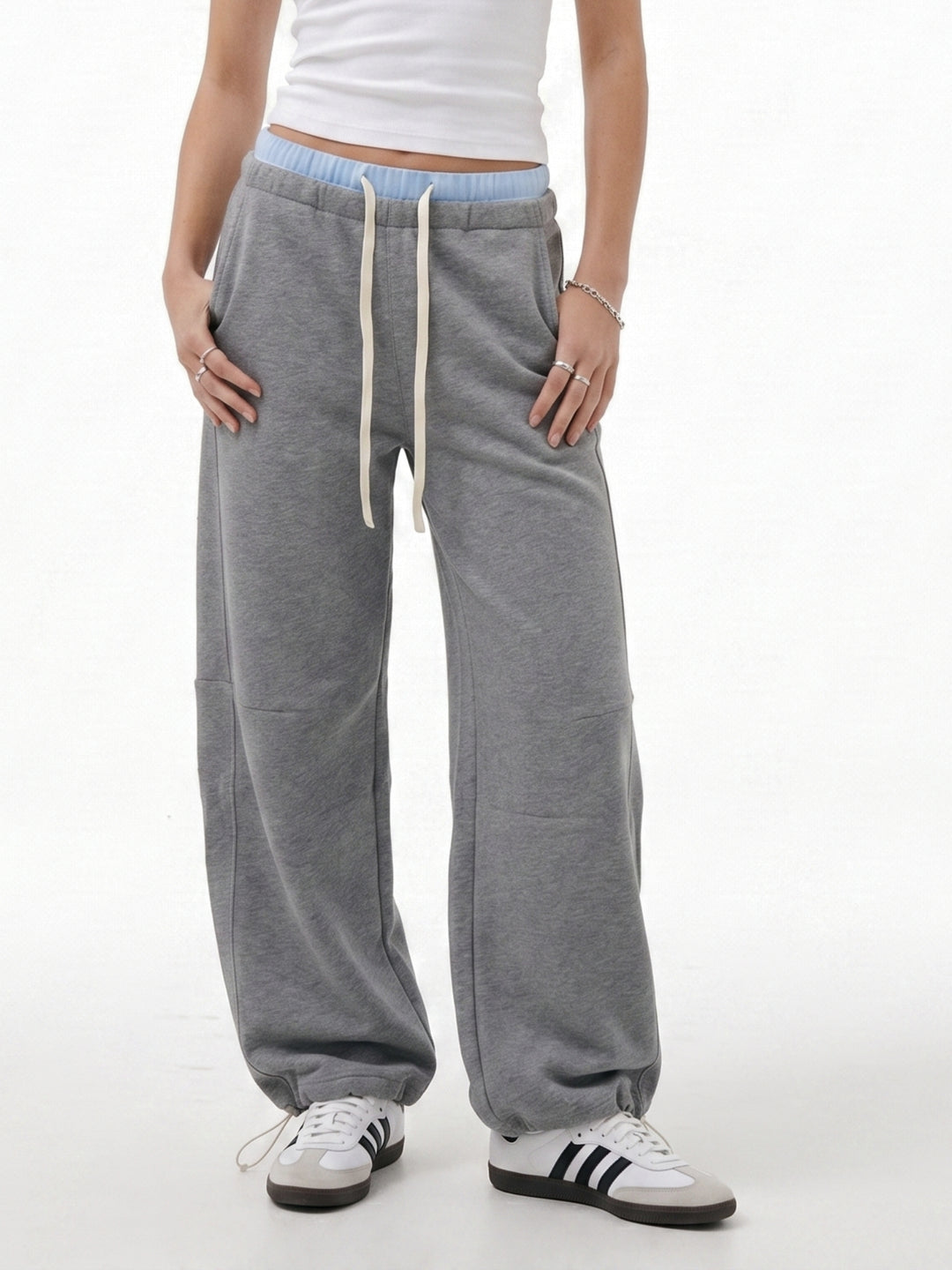 Grey Contrast Waist Wide Leg Pant